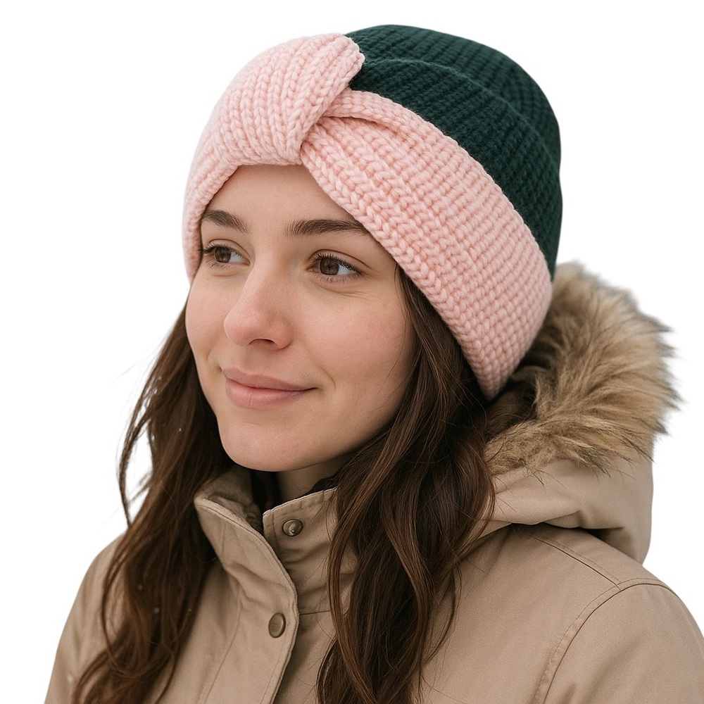 Kate Spade Bow Two Tone Rib Knit Cuff Beanie Pink Green One Size Brand New!
